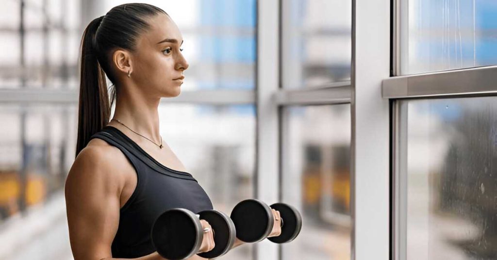 A woman doing 21's bicep curls